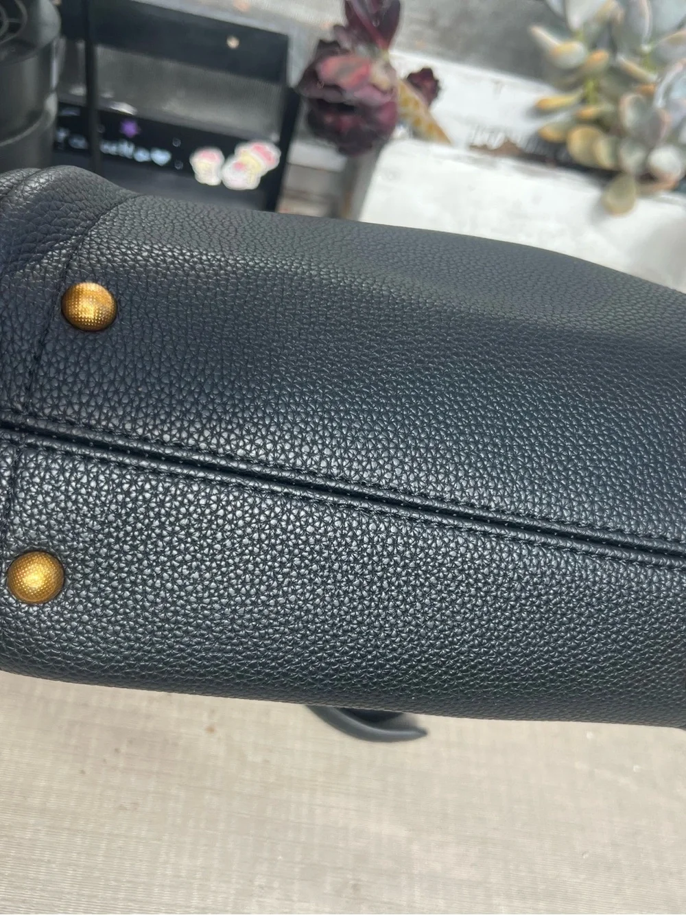 Black Pebbled Leather Tote with Gold Hardware